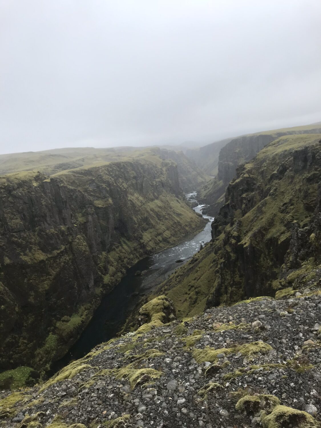 deep volcanic canyon in Iceland carved by a milky glacial stream